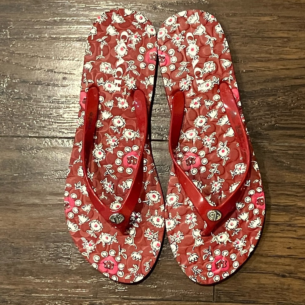 Coach Abbigail Flip Flops Red w/ White Flowers and Pink Hearts (NWOT) Size 9